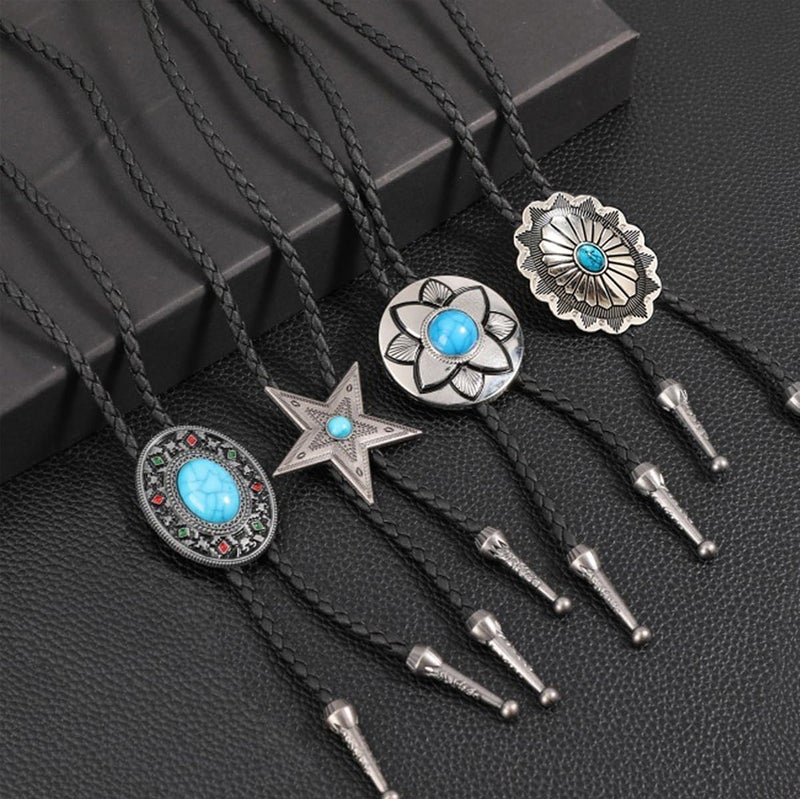 FGSS Vintage Turquoise Bolo Tie For Men - Western Cowboy Colored Oval Bola Necktie Retro Leather Necklace for Men Women - Image 2